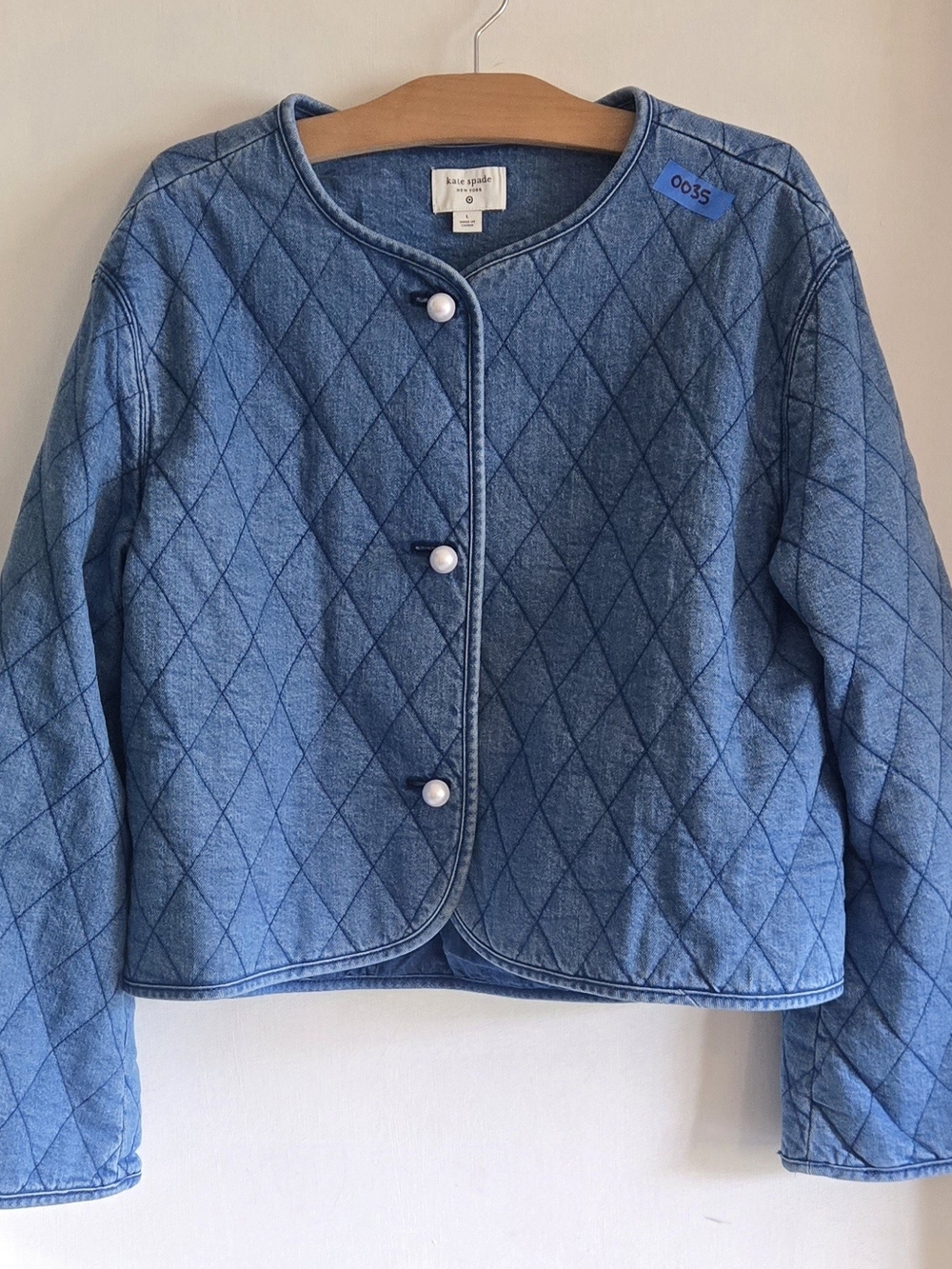 kate spade Quilted Light Blue Denim Jacket with Pearl Snaps